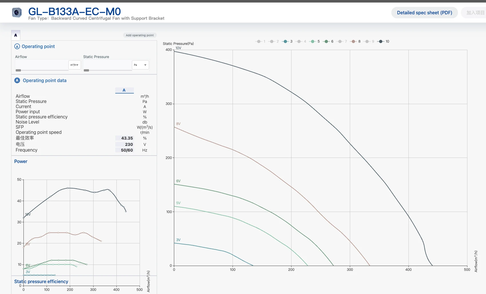 Blauberg fan selection software performance curve workspace with airflow, static pressure and operating-point data