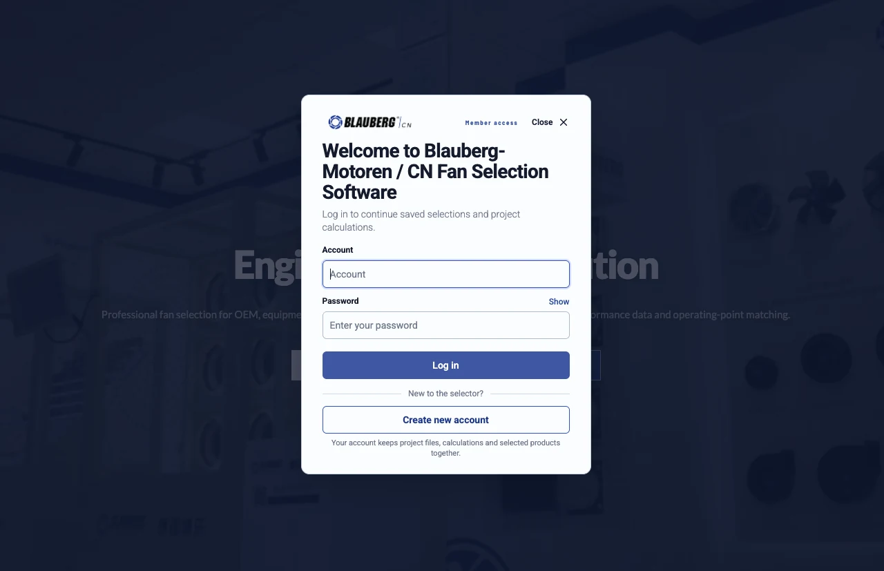 Member login screen for the Blauberg Motoren fan selection software