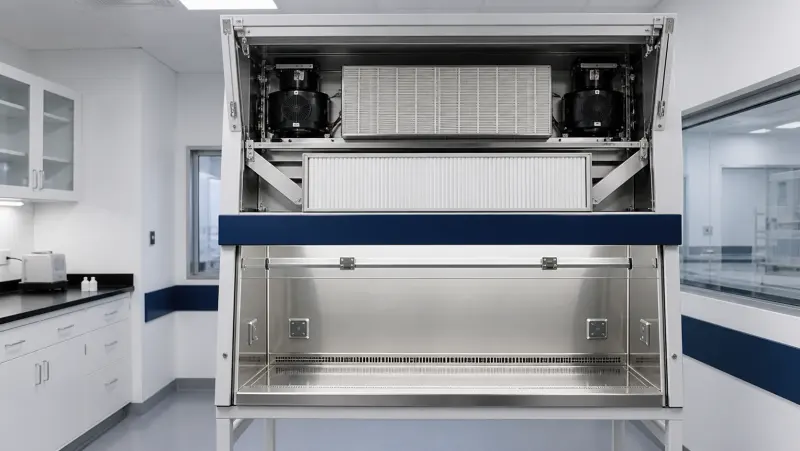 Filtered exhaust application for a biosafety cabinet