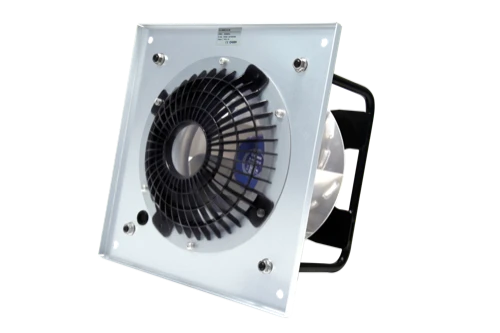 Photograph of a fan assembly with metal mounting plate and guard, overlaid on a generated engineering workspace