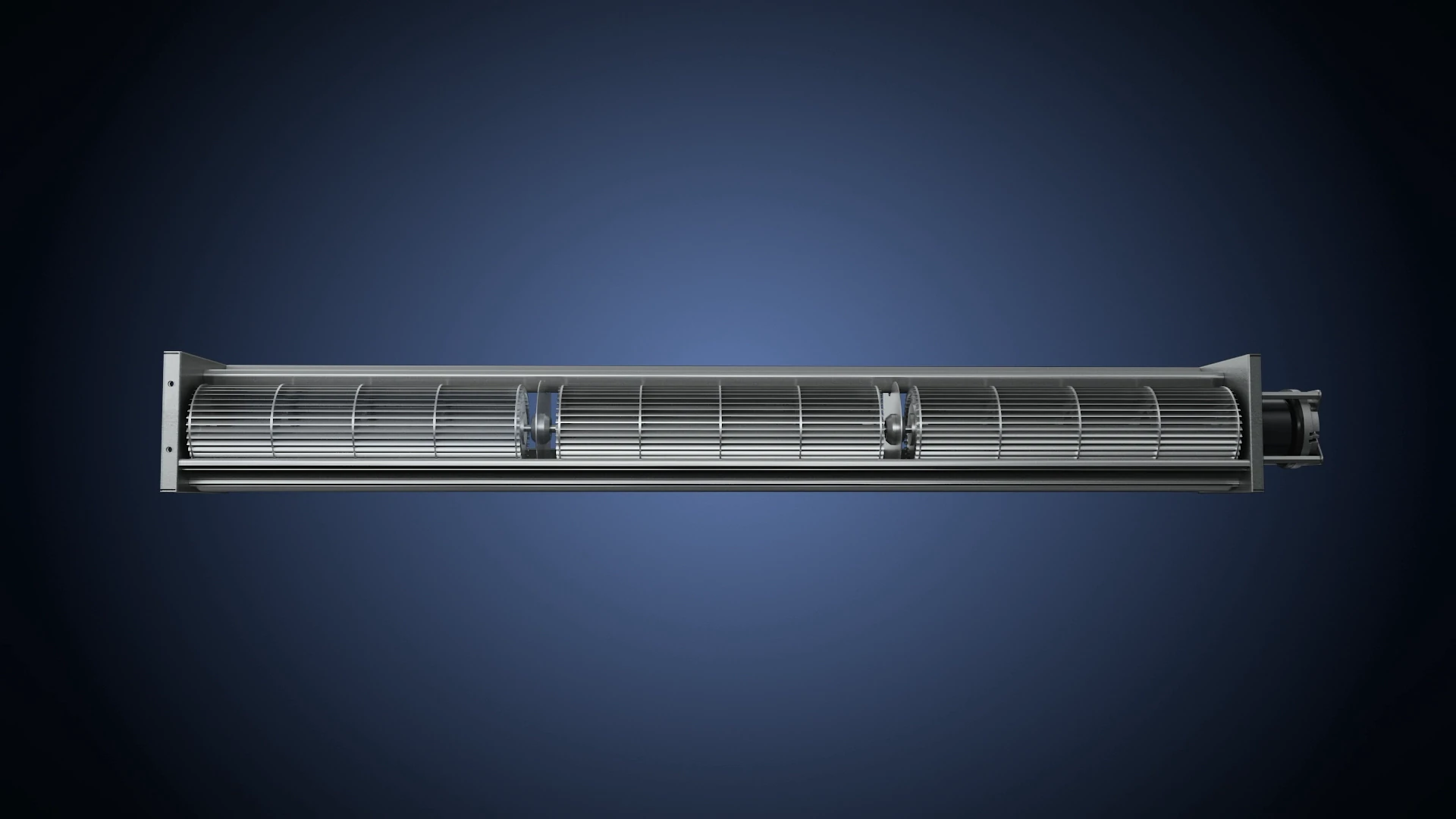 info-1920-1080 Promotional front view of a long cross flow fan assembly with an extended impeller span