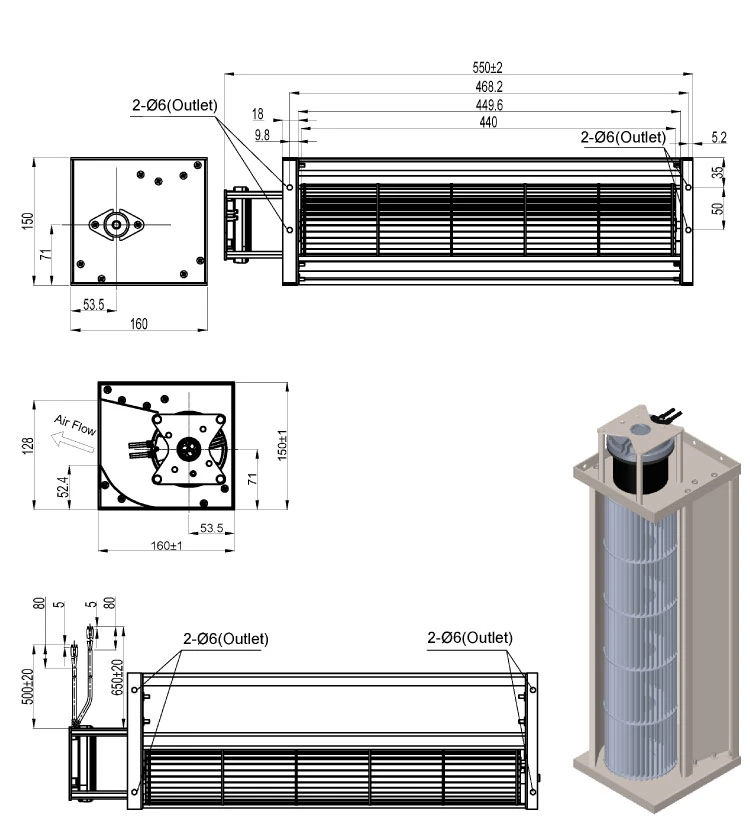 info-750-820 CA230-F100A-EC-06 reference sheet showing dimensioned front, side and end views