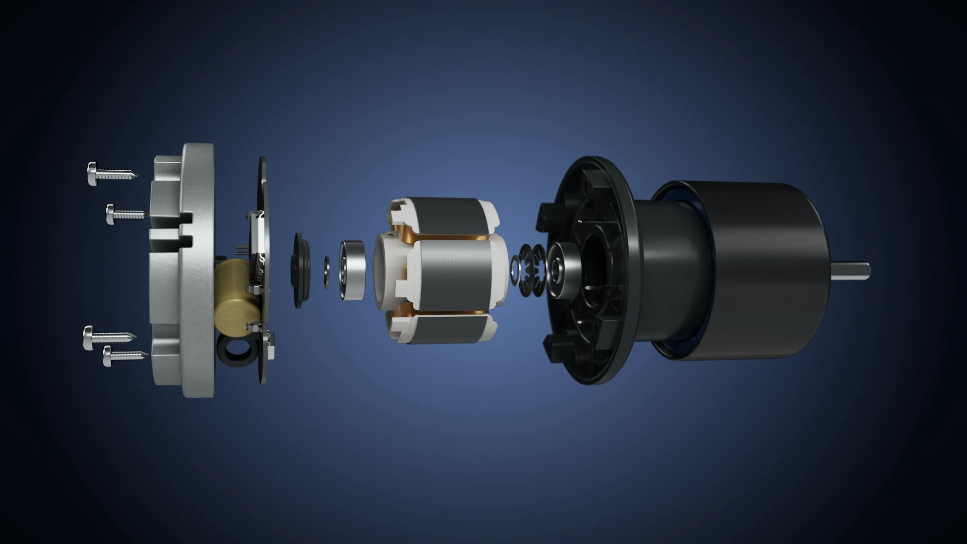 info-1920-1080 Exploded motor illustration showing separated end covers, rotor, stator and internal components