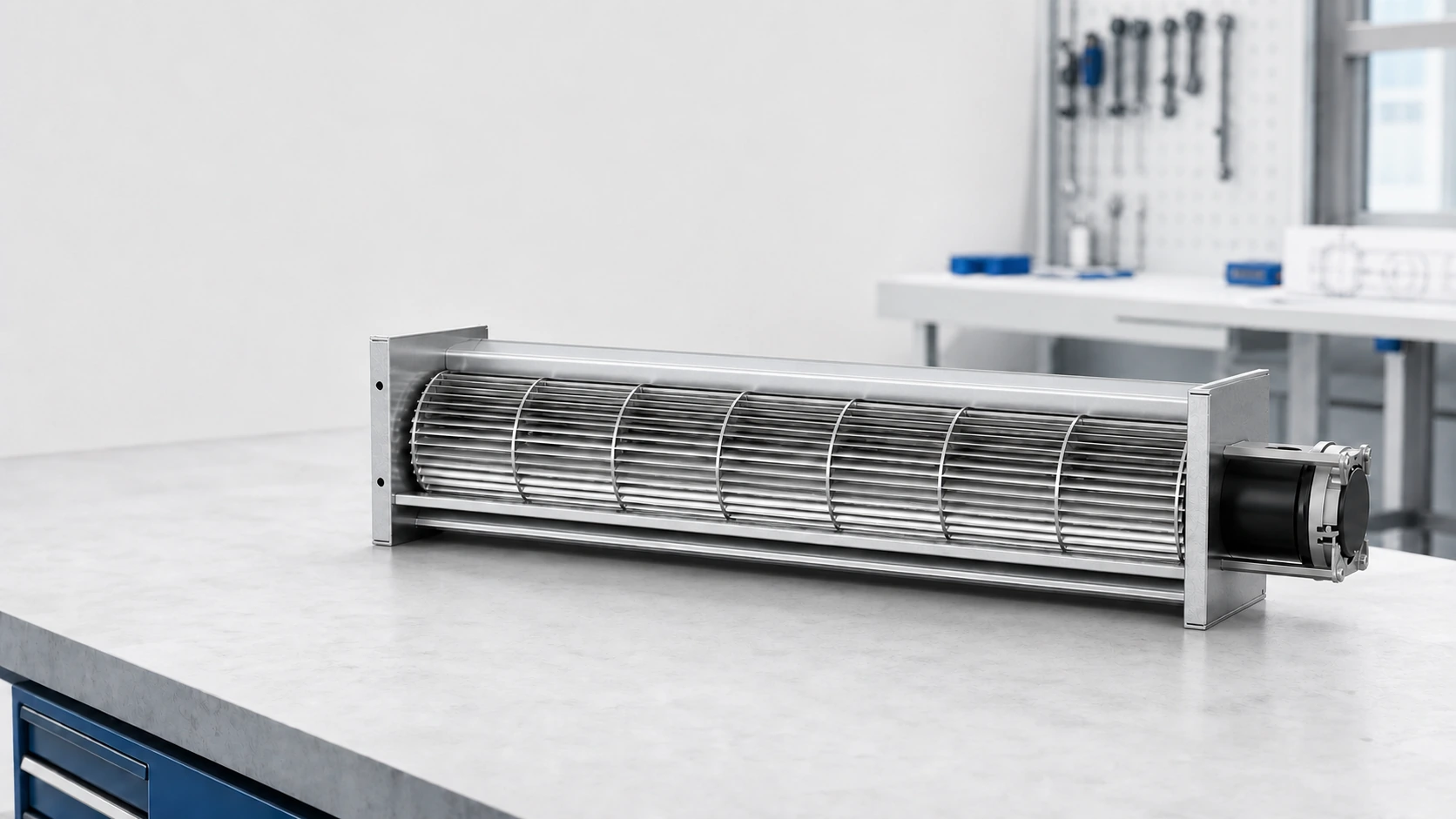 info-1672-941 Complete Blauberg EC cross flow fan rendered in a workshop setting