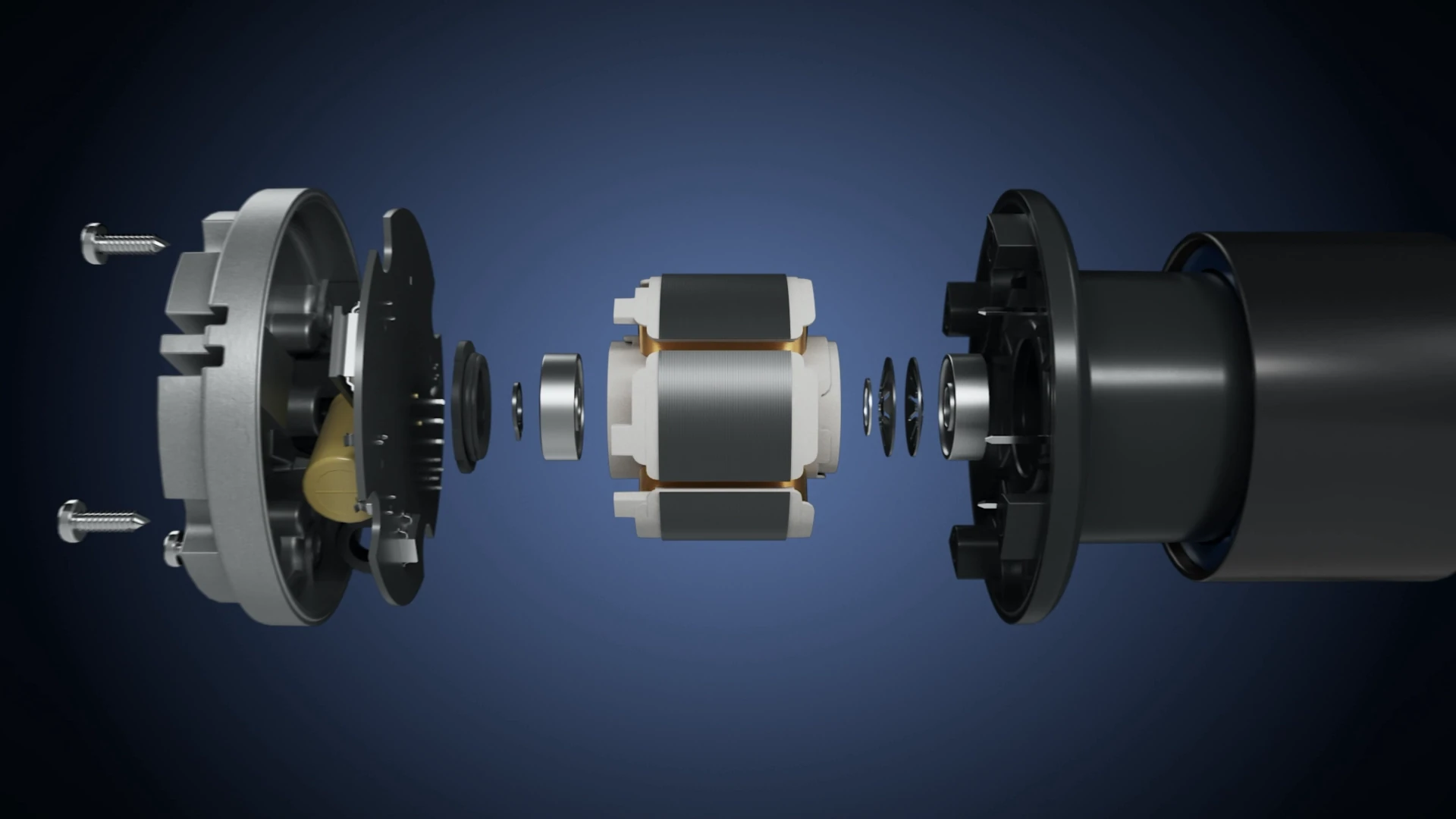 info-1920-1080 Exploded illustration of the cross flow fan motor with rotor, stator and end components